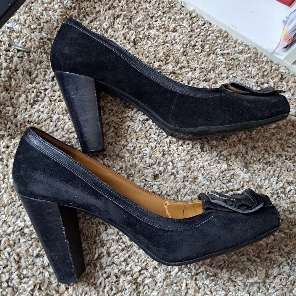Nine West Black Suede Square Toe Buckled Women's Pumps Heels Size 9.5